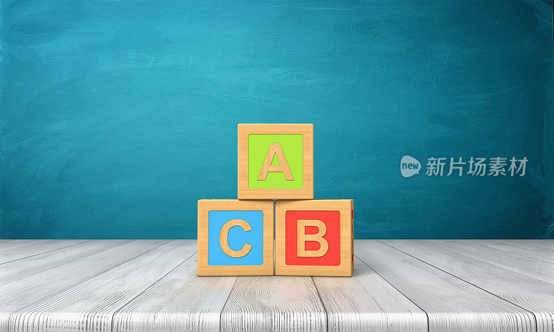 三个不同颜色的玩具积木的3d渲染与字母A, B和C在他们站在一个木制的桌子上。